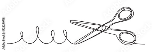 A minimalistic single continuous line drawing depicting a pair of open scissors positioned as if cutting a wavy and curling thread, ideal for symbolizing concepts of separation, resolution,