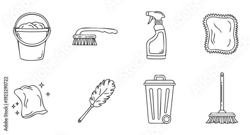 Outline drawings of various household implements including a bucket, spray bottle, broom, and duster, ideal for illustrating domestic chores or sanitation services