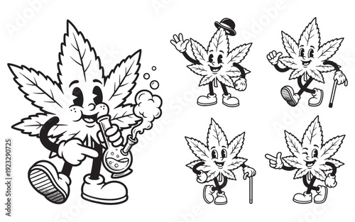 cannabis leaf cartoon character set including a mascot with a bong