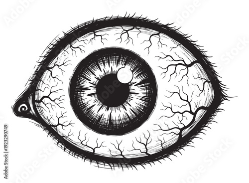 Striking black and white eye illustration featuring bloodshot veins and intense stare for Halloween decorations, horror game assets, or gothic event invitations.