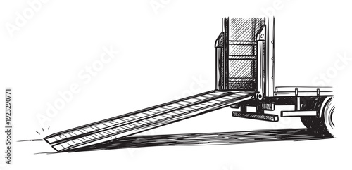 Sketch drawing of a delivery trucks rear with its loading ramp lowered onto the ground, prepared for efficient moving and transportation operations, suitable for logistics company marketing.