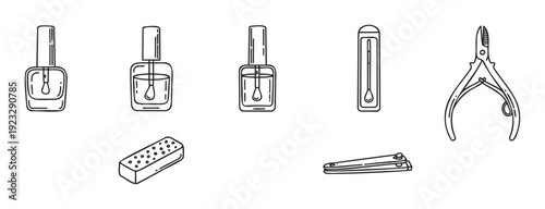 Collection of hand drawn line icons featuring manicure and pedicure tools and nail care products suitable for beauty salon marketing, cosmetic branding, or personal grooming guides