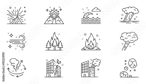 Collection of natural disaster and weather phenomena line icons including volcano, tsunami, earthquake, forest fire, storm, and rockfall for environmental hazard warnings and safety
