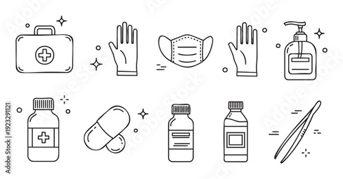 Essential healthcare outline icons featuring first aid equipment, protective gloves and mask, hand sanitizer, medication bottles, and tweezers, perfect for health and safety information.