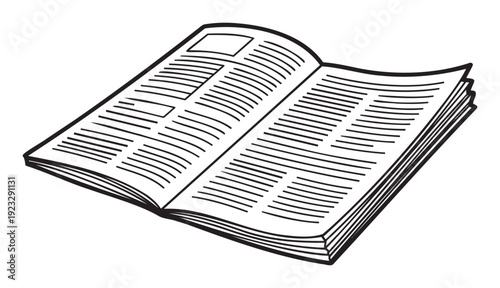 An open book with two pages displays text lines and a graphic box, perfect for education, publishing, or newsrelated graphic projects.