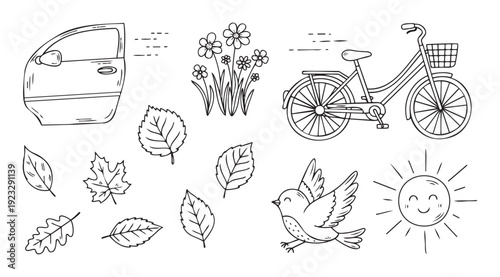 A hand drawn outline collection featuring a car door, flowers, a bicycle, diverse leaves, a bird, and a smiling sun, ideal for seasonal and educational graphic uses.
