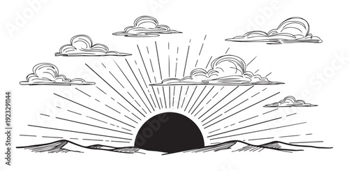Black line drawing depicting a powerful sunrise or sunset over natural hills with numerous clouds and radiating sun rays, perfect for various graphic applications and visual storytelling.