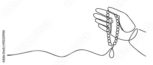 Simple continuous line drawing of a human hand delicately holding a string of prayer beads, suitable for depicting themes of faith, contemplation, or devotion in modern graphic layouts.