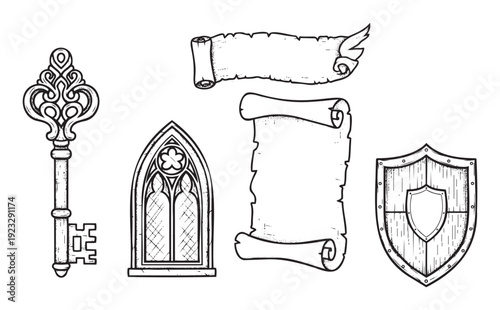A collection of vintage medieval style hand drawn items including an ornate skeleton key, a gothic church window, two old parchment scrolls, and a wooden shield, perfect for historical