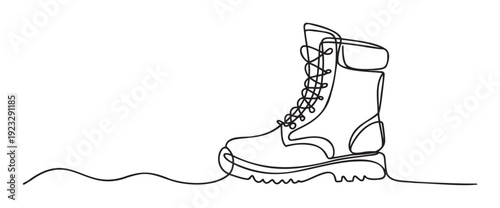 A continuous single line drawing depicts a sturdy combat boot or military boot with laces, showcasing simplicity for various print and digital media applications.