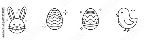 Cute Easter bunny, festive decorated eggs, and an adorable chick outline, perfect for celebrating spring holidays and creating engaging digital media for children.
