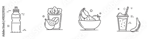 Collection of healthy nutrition icons for fitness and wellness applications featuring refreshing drinks, fresh fruits, vegetables, and nutrient packed breakfast options for a balanced