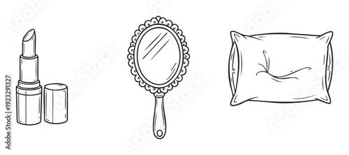 A collection of outlined personal care items including a cosmetic lipstick, an elegant handheld mirror, and a soft comfortable pillow perfect for feminine themes, lifestyle blogs, or beauty