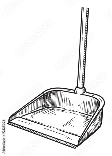 Black and white sketch of a dustpan, a fundamental household cleaning tool, useful for illustrating cleaning guides, product catalogs, or chorerelated content.