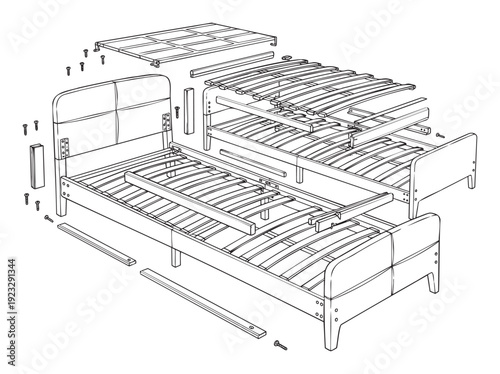 Exploded view technical drawing of a wooden bed frame showing all components for assembly instructions or furniture manufacturing guide for home decor and interior design projects