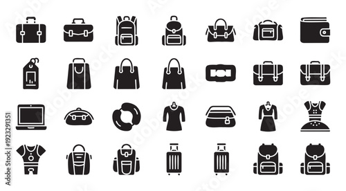 Comprehensive collection of black silhouette icons depicting various bags, luggage, and clothing items, perfect for diverse graphic design projects, web applications, and print media.