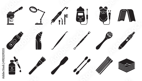 Collection of skincare and cosmetology tools and equipment icons for beauty salon, facial treatment, spa procedures, and aesthetic medicine applications.