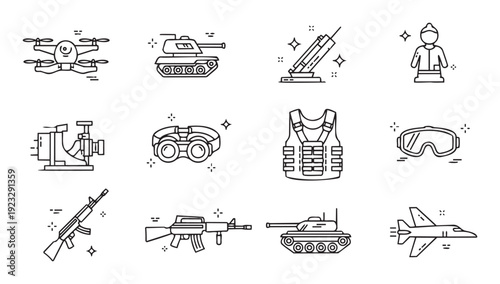 Modern military and defense equipment line icons featuring drone, tank, rifle, jet, and uniform for various army, war, and securityrelated projects