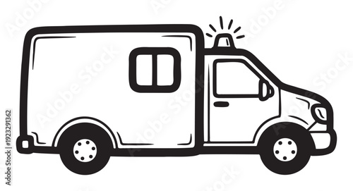 Simple graphic depiction of a white service van equipped with a roof light, suitable for conveying themes of urban transportation, logistical delivery, and emergency response services.