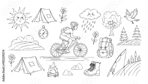 Outdoor adventure and camping essentials collection featuring cycling, hiking, fishing, and nature elements for travel brochures or activity guides