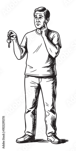 Thoughtful man holding a key looking concerned about new opportunities or difficult decisions, ideal for business, real estate, or personal finance content.