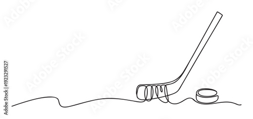 Stylish continuous line drawing of an ice hockey stick and puck, ideal for sports branding, athletic event promotions, winter games advertising, and active lifestyle content creation.