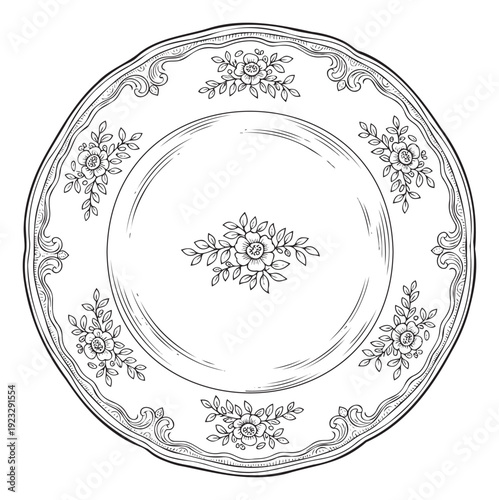 Elegant round ceramic plate with vintage scroll and blossom ornamentation perfect for culinary and tableware graphic resources or upscale home decor accents