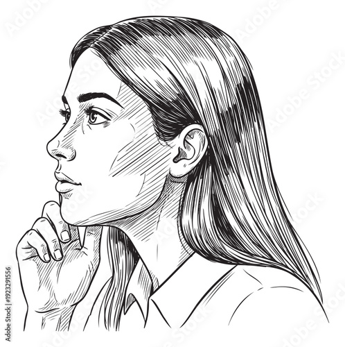 A thoughtful young female in profile with her hand on her chin, gazing contemplatively upwards, ideal for introspective themes in publications and personal development resources.