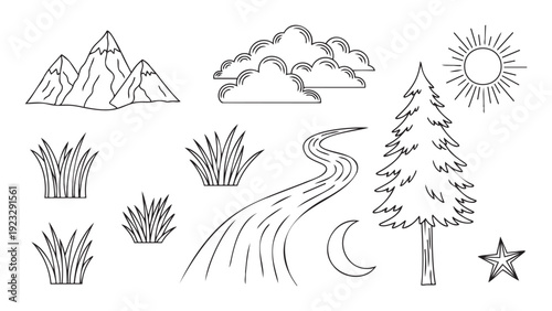 Minimalist outline natural landscape components featuring mountains clouds sun pine tree grass river moon and star for kids books nature guides and outdoor themed projects
