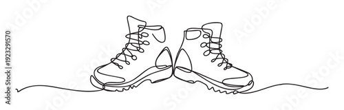 Simple one line drawing of two rugged combat boots, perfect for footwear brand logos, graphic design projects, or modern apparel illustrations