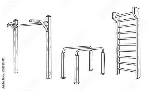 Versatile outdoor bodyweight exercise equipment set featuring pull up bar, parallel bars, and wall ladder for calisthenics training and fitness workouts