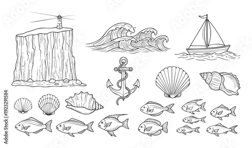Hand drawn collection of marine life and nautical elements including lighthouse, waves, sailboat, anchor, seashells, and various fish perfect for ocean themed designs and summer projects