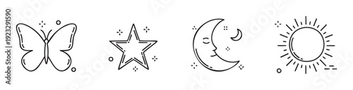 Charming hand drawn line icons featuring a graceful butterfly, gleaming star, serene crescent moon with a face, and radiant sun symbol, ideal for enchanting graphic design or educational