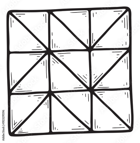 Graphic black and white squared abstract pattern with unique handdrawn diagonal line divisions and textured doodle marks for modern branding assets