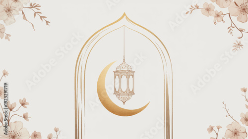 Golden crescent moon and lantern in elegant archway with floral patterns