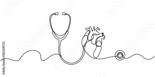 Stethoscope detecting heart continuous one line drawing, Stethoscope detecting heart in one line art style. Medical stethoscope icon one line art.