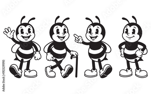 honey bee funny cartoon mascot character in different poses