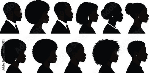 Afro-textured hairstyle silhouettes illustration, cultural identity diverse profiles accessories fashion design, vector artwork, culture and education theme, isolated background
