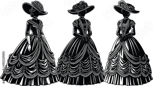 Black vector silhouette set of elegant Victorian women in detailed vintage ball gowns with decorative hats for historical theater costume and retro fashion branding