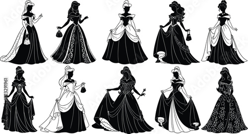 Black vector silhouette set of elegant princesses in various ball gowns and royal dresses for fairytale wedding invitation nursery and party decoration branding