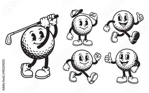 golf ball funny cartoon mascot character in different poses