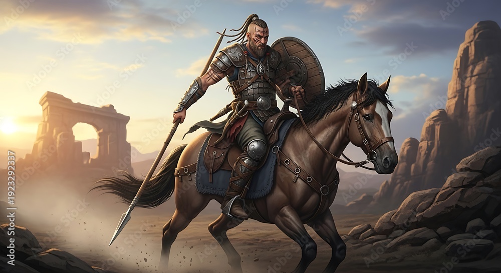 Naklejka premium Medieval Knight on Horseback with Sword.