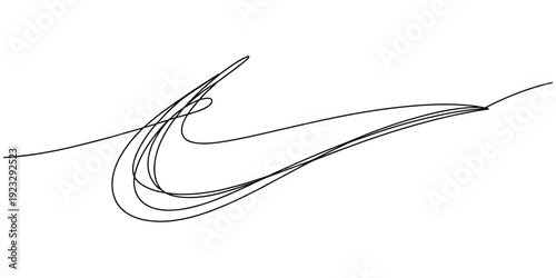 swoosh continuous one line drawing, Baseball swoosh decorative calligraphic tail element. Underline retro swoop wave line for athletic shirt. Hand drawn curly swishes, swash, twiddle. Vector