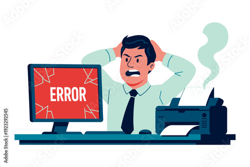 A frustrated businessman experiencing computer error at his office desk