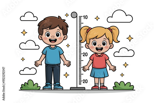 A cartoon illustration of a boy and girl standing next to a height measuring scale with clouds and sparkles around them