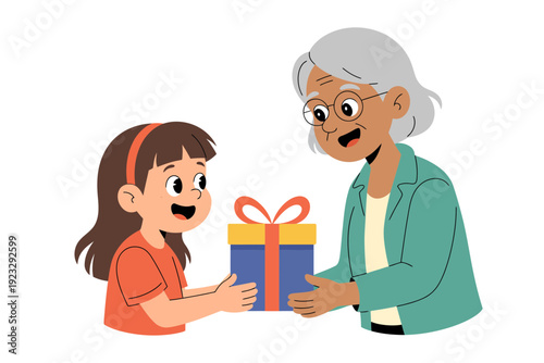 A heartwarming illustration of a young girl receiving a gift from her elderly grandmother with a big smile