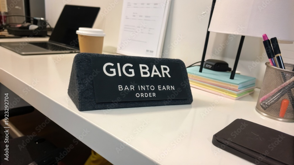 Fototapeta premium Modern workspace with gig bar sign promoting flexible work opportunities and encouraging productivity in a creative environment