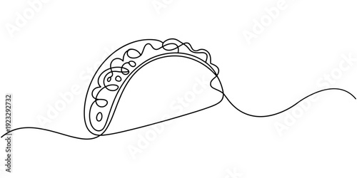 continuous single drawn one line taco hand-drawn picture silhouette. One continuous line drawing of Tacos food vector illustration. Traditional food in simple linear style vector design concept.