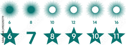 Teal, sunburst, and, star, icons, with, numbers, collection, for, rating, ranking, levels, scoring, game, design, elements, isolated, vector, illustration, set.
