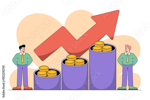 A vector graphic illustration of two businessmen standing next to growing stacks of coins with an upward trending arrow